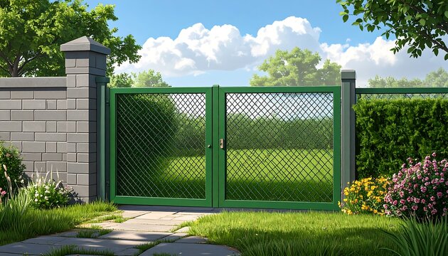 Green gate in a garden.  Sunny day