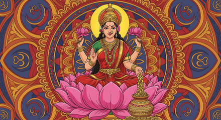 Obraz premium A vibrant illustration of the Hindu goddess Lakshmi seated on a lotus flower, adorned with jewelry, holding lotuses in her hands, against a richly patterned mandala background.