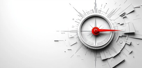 Close-up of a modern white and gray compass with a bright red needle pointing right, surrounded by abstract geometric shapes and fine radial lines on a clean white background