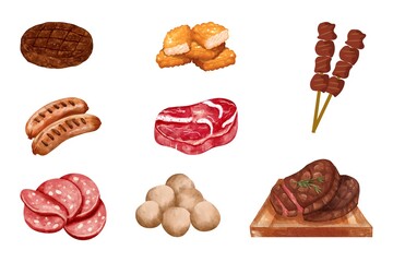 Watercolor of food made from meat set on white background. Watercolor of steak, patty, sausage, salami, satay, beef, meatballs, and nugget isolated. Sketch of meat dish