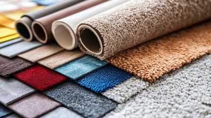 A variety of colorful carpets and rugs displayed on a table.