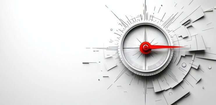 Close-up of a modern white and gray compass with a bright red needle pointing right, surrounded by abstract geometric shapes and fine radial lines on a clean white background