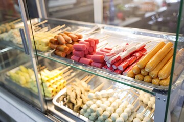 Exquisite Skewered Delights: A vibrant display of colorful, tempting skewers, offering a diverse selection of freshly prepared snacks, perfect for culinary exploration. 