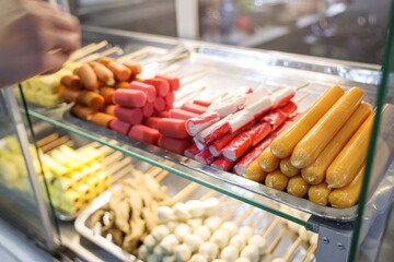 Appetizing Display of Skewered Delights: A vibrant selection of skewers, artfully arranged for a street food vendor. Featuring sausages, crab sticks, and other tempting treats.