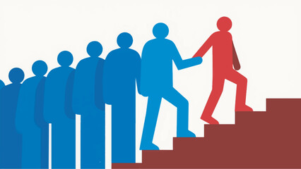 Illustration Of A Red Stickman Containing A Group Of Blue Stickman Climbing Stairs Vector Design Template