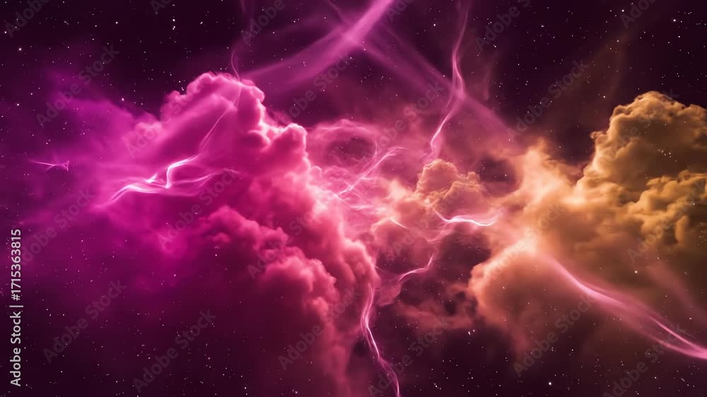 Wall mural slowly flowing abstract nebulous clouds in vibrant pink and yellow, seamless loop website, loopable,