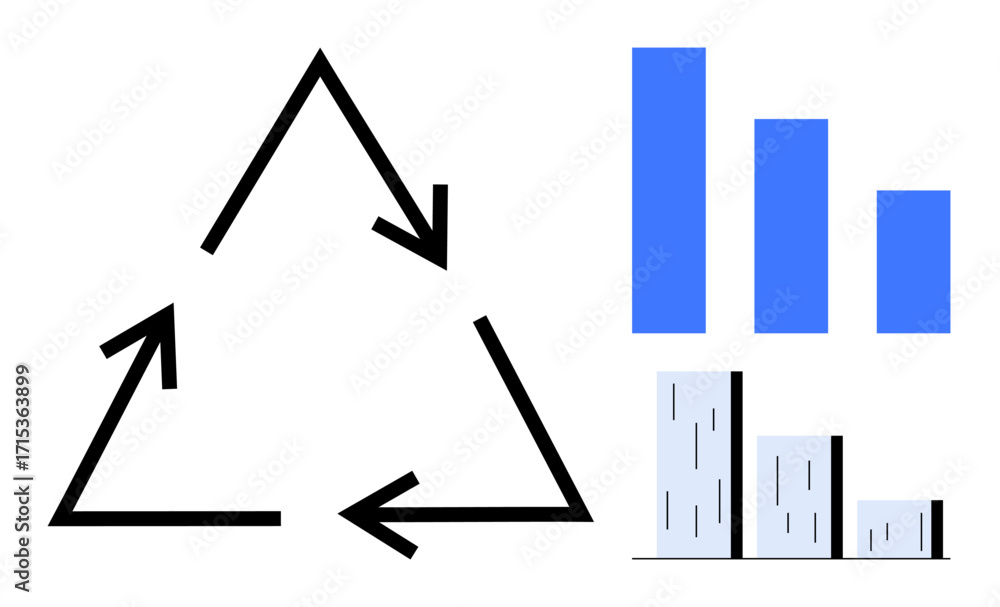 Poster black triangular recycling arrows beside blue and gray bar graphs showing data insights and performa