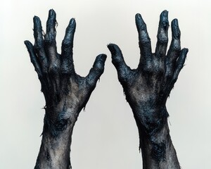 two dark charred hands with damaged skin and clawed fingers raised against a pale background conveying a sense of horror or decay