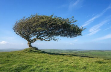 Lone windswept tree bending over a green grassy hill under a clear blue sky with wispy clouds over rolling countryside