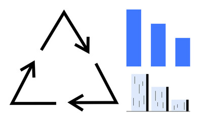 Black triangular recycling arrows beside blue and gray bar graphs showing data insights and performance. Ideal for environment, sustainability, analytics, waste management, education, research
