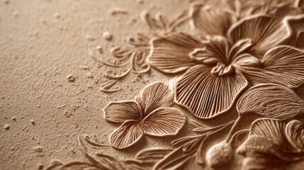 A captivating closeup of an embossed floral design on a textured surface, showcasing the intricate details and depth of the artwork