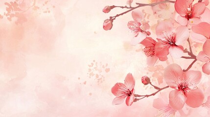 Fototapeta premium A pink and red cherry blossom branch with pink petals and buds against a soft, watercolor background.