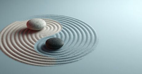 Japanese stone zen garden with circular raked sand patterns for meditation, mindfulness and spiritual balance