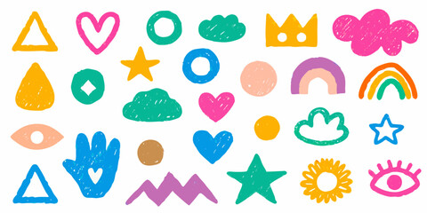 Collection of hand drawn doodle shapes and symbols in bright pastel colors on a white background