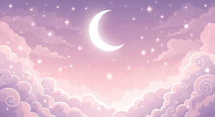 Dreamy Crescent Moon and Starry Sky with Fluffy Clouds