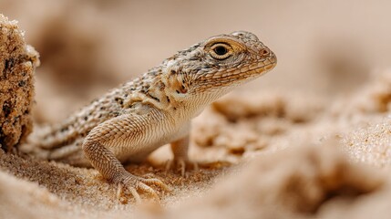 Fototapeta premium Close-up of a brown patterned lizard in sandy surroundings.