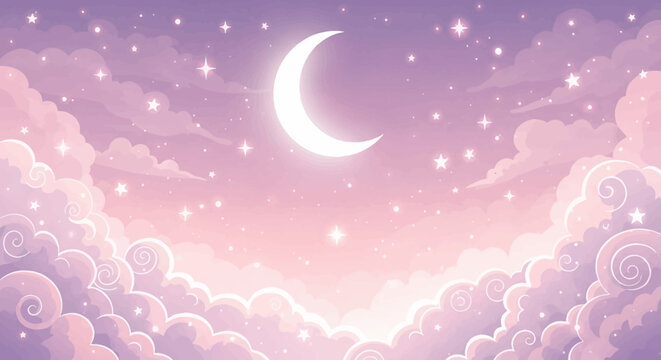 Dreamy Crescent Moon and Starry Sky with Fluffy Clouds