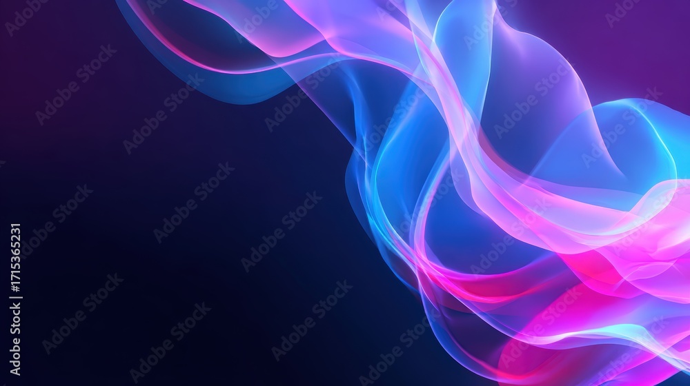 Poster abstract flowing waves of vibrant pink and blue colors on a dark background, creating a dynamic visu