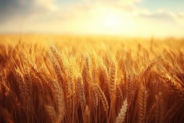 Fototapeta premium Close-up view of golden wheat stalks in a glowing field under a soft blue sky, evoking warmth and natural abundance