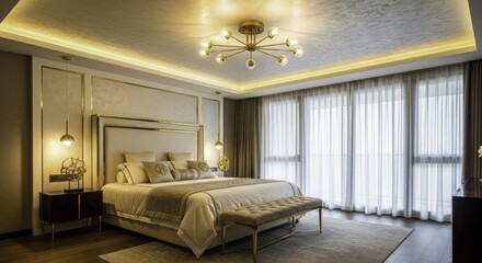 A lavish and modern master bedroom interior with a king bed, warm ambient lighting, gold accents, sheer curtains, and textured walls creating a serene and inviting atmosphere.