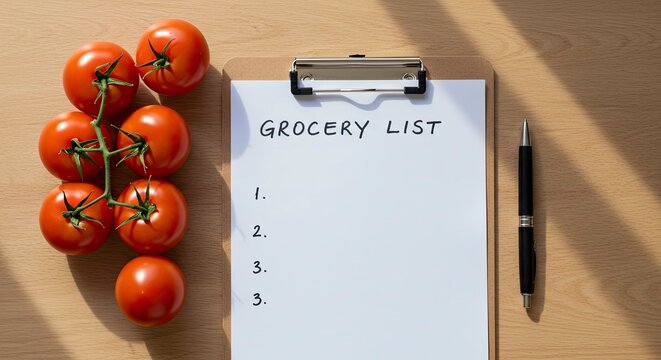 Sunlit Grocery List: Ripe Tomatoes & Blank Checklist on Wooden Table