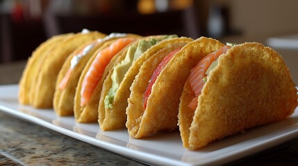 Crispy tempura sushi tacos fusion dish culinary adventure restaurant indoor close-up unique flavor experience
