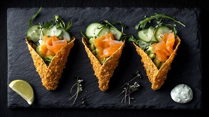 Fusion food delight sushi tacos featuring crispy tempura innovative cuisine gourmet restaurant vibrant setting