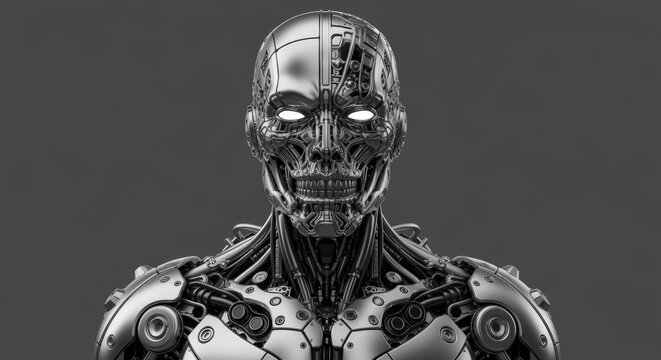 Detailed Metallic Cyborg with Glowing Eyes - Powered by Adobe