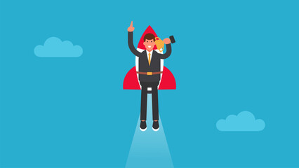 Vector illustration of a businessman with a rocket booster on his back and carrying a trophy. This visual symbolizes passion, motivation, and the drive to success.