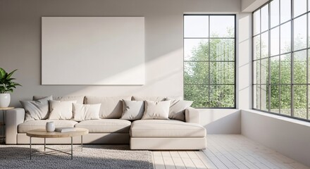 Modern LShaped Sofa in Minimalist Living Room with Large Window.