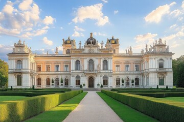 Fototapeta premium Grand historic palace with ornate architectural details and symmetrical formal garden hedges under a bright blue sky with scattered clouds