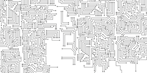 Computer engineering concept. Black and white electronic motherboard illustration, overhead view