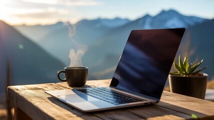 Remote work bliss with laptop and steaming coffee amidst stunning mountain sunrise, a perfect blend of productivity and peace.