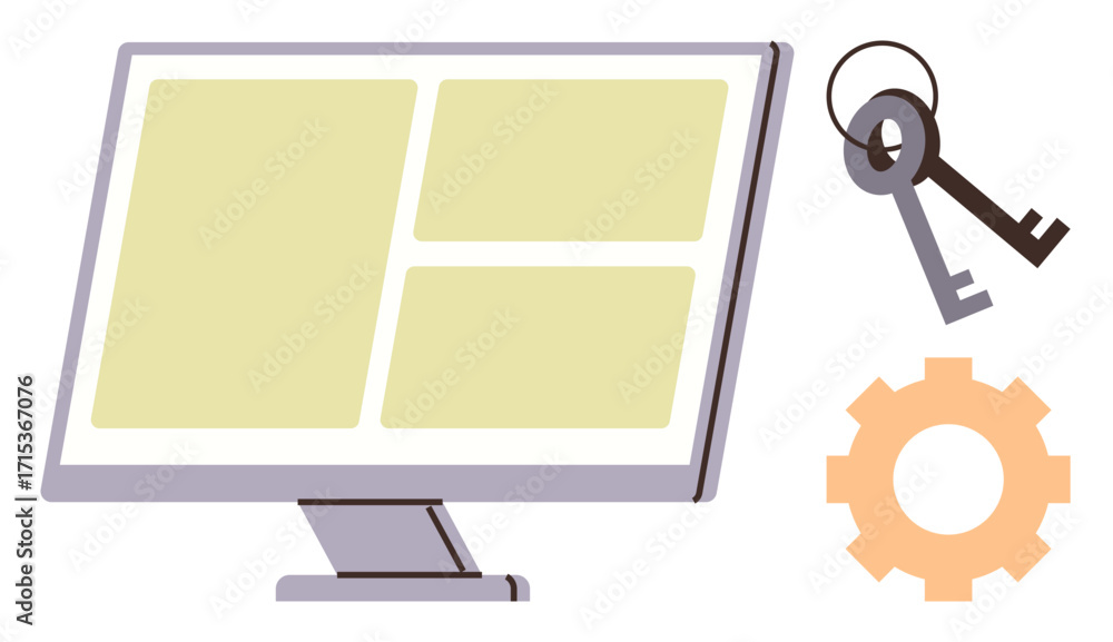 Poster monitor displaying layouts beside a pair of keys and gear icon. ideal for cybersecurity, system sett