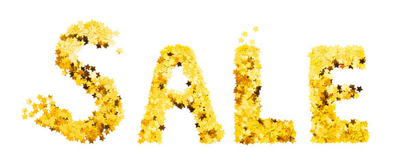 Word SALE made of golden stars isolated on white background for discount banner