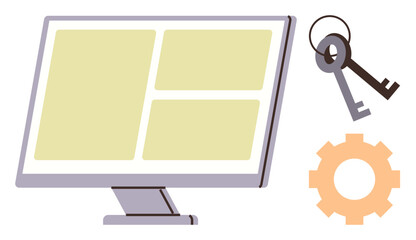 Monitor displaying layouts beside a pair of keys and gear icon. Ideal for cybersecurity, system settings, tech setup, online access, password safety, technology concepts, simple flat metaphor