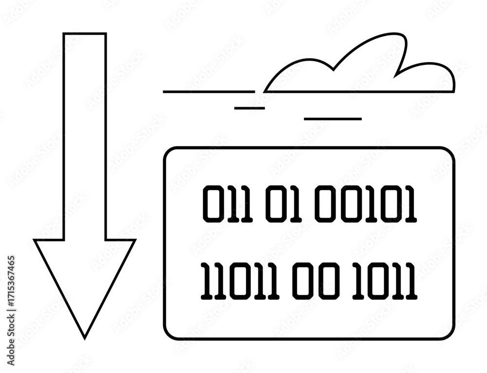 Aufkleber downward arrow with binary numbers inside a rectangle and cloud above. ideal for technology, data tr