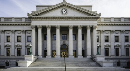 Front view of a majestic Neoclassical government building with a grand portico, ornate clock, and sweeping stone staircase under a clear sky.