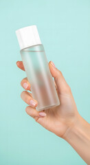 Clean Skincare Product Photography with Hand Holding Cosmetic Tubes, Jars, Droppers, Pumps, and Beauty Tools on Minimal Pastel Background