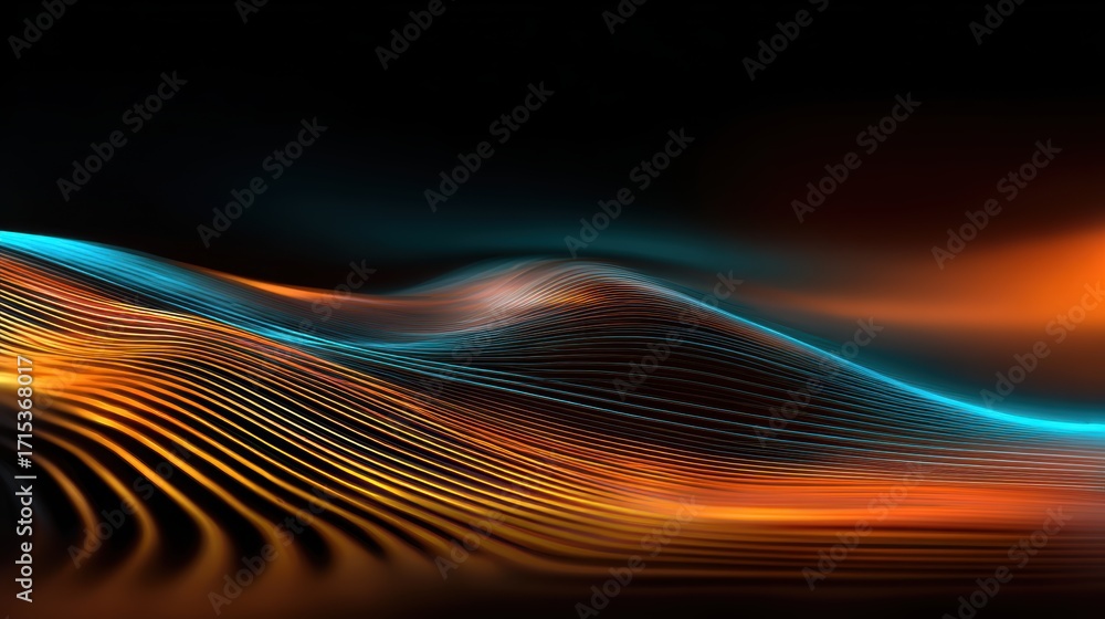 Poster abstract waves of vibrant colors in a digital landscape, creating a dynamic flow with smooth gradien