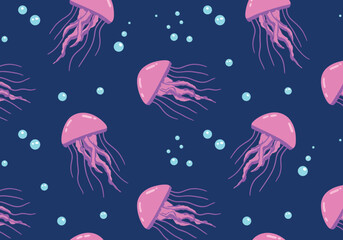 Seamless pattern illustration of pink jellyfish with flowing tentacles and small blue bubbles floating in a dark blue underwater background.