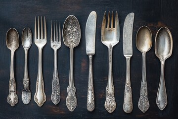Antique silverware set including spoons, forks, and knives with ornate designs laid out on a dark textured surface evoking a vintage and nostalgic feeling