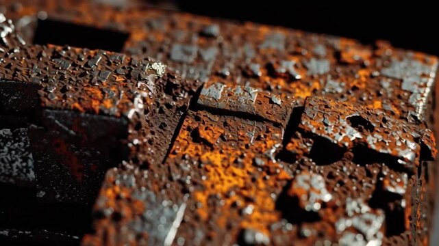 Macro shot of a heavily corroded metal surface with textured orange and brown rust