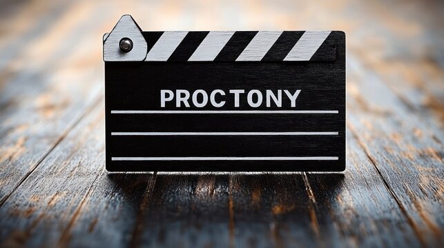 black and white filmmaking clapperboard sitting on rustic wooden surface with word proctony written on it conveying creative production concept