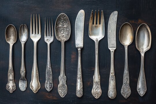 Antique silverware set including spoons, forks, and knives with ornate designs laid out on a dark textured surface evoking a vintage and nostalgic feeling