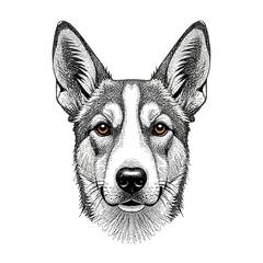 Hand-drawn vintage style illustration of a majestic dog's head with piercing amber eyes on a white background