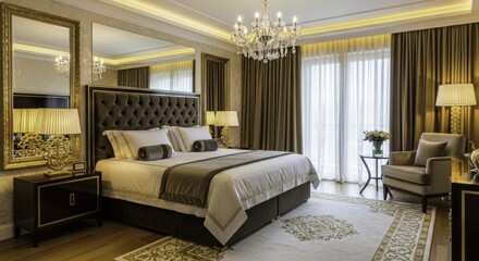 Luxurious and elegant hotel bedroom interior featuring a king-size bed with tufted headboard, crystal chandelier, opulent gold accents, and warm ambient lighting for a sophisticated and comfortable st