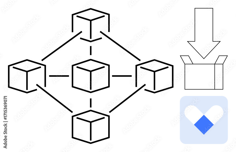 Aufkleber interconnected cubes representing blockchain, arrow pointing to open box for data transfer, and app 