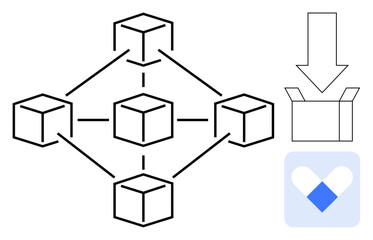 Interconnected cubes representing blockchain, arrow pointing to open box for data transfer, and app logo. Ideal for technology, blockchain, digital security, logistics, data sharing, healthcare