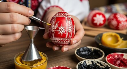 Decorating traditional Ukrainian Easter eggs with intricate wax resist patterns.